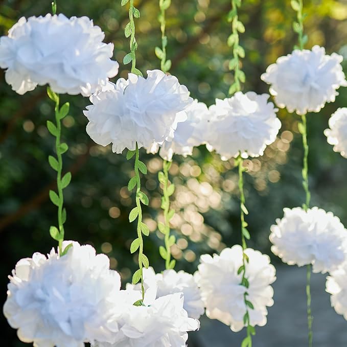 White Flower Garland for Bridal Shower Decorations, 2 Pcs Baby Shower Decorations for Girls, Pom Pom Garland, Paper Flowers Party Decorations for Birthday