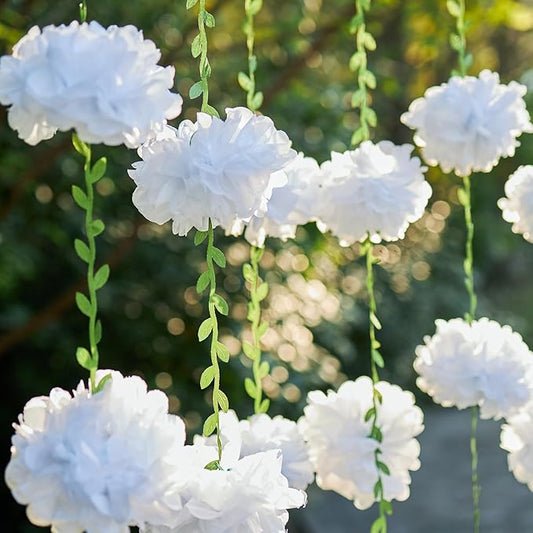 White Flower Garland for Bridal Shower Decorations, 2 Pcs Baby Shower Decorations for Girls, Pom Pom Garland, Paper Flowers Party Decorations for Birthday