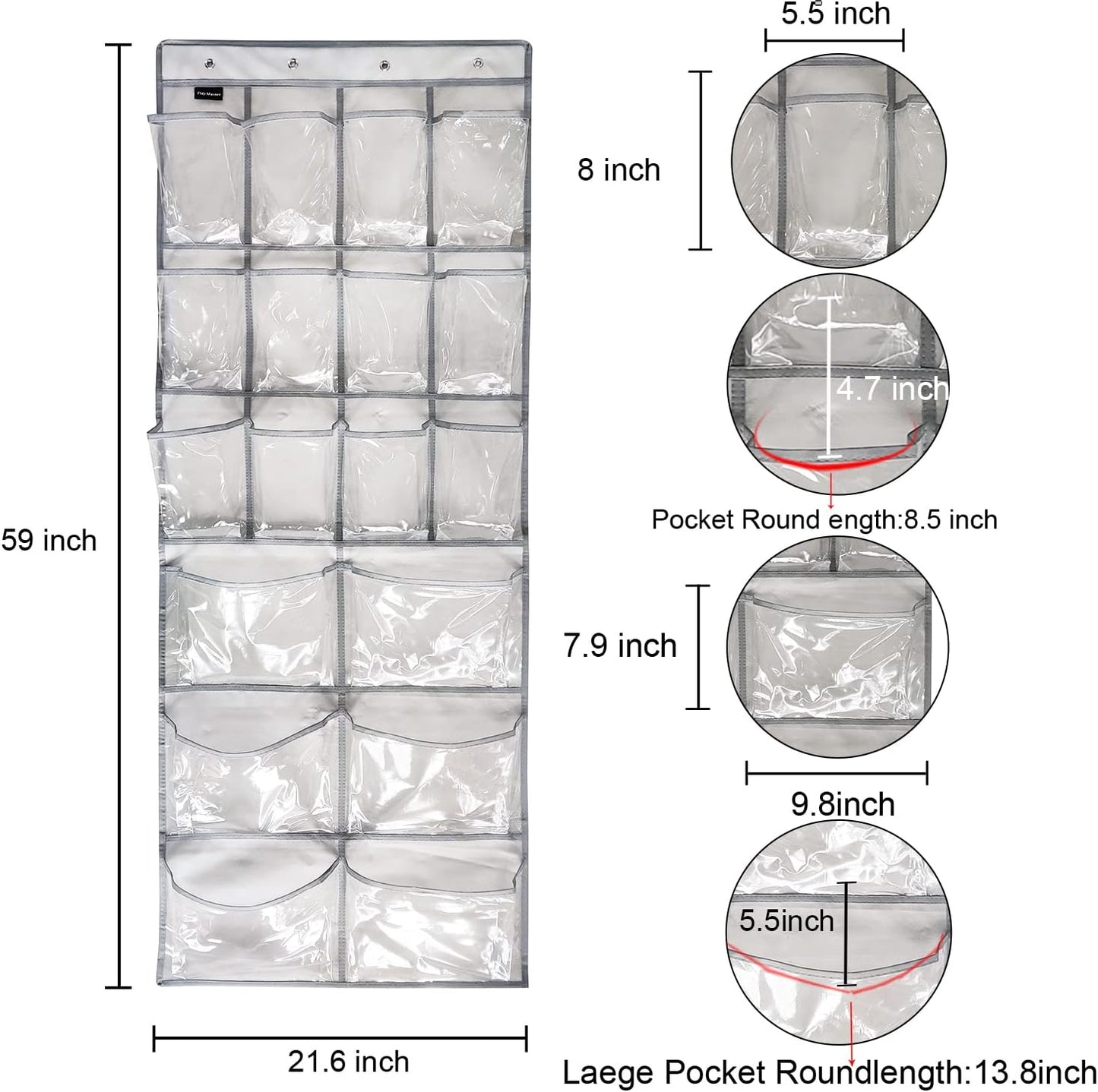 2 Pack Extra Large Hanging Crystal Clear Over Door Shoe Organizers, Closet Shoe Rack Organizer, 12+6 Pockets, 8 Hooks, Grey (59" x 21.6")