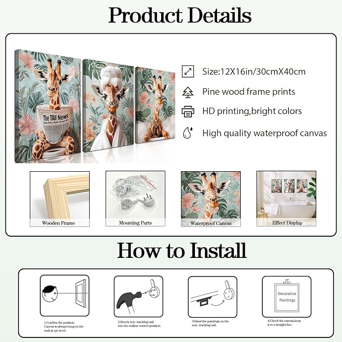 Funny Animal Bathroom Wall Art Set of 3, Cute Giraffe in Toilet Reading Newspaper Wall Decor Paintings Eclectic Giraffe Bathroom Canvas Prints Artwork 12x16 inch Framed
