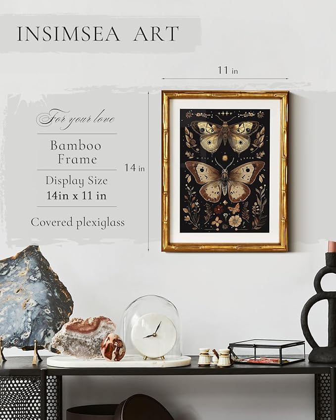 InSimSea Gold Bamboo Framed Canvas Wall Art, Retro Dark Butterfly Animal Paintings, Antique Vintage Picture Frame with Mat, Victorian Home Wall Decor for Living Room Bedroom Gallery, 11x14inch