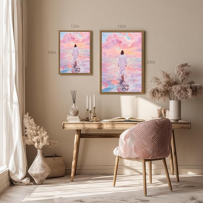 Clicyre Jesus Walking on Water Christian Wall Art, Pink Sunset Faith Canvas Print, Inspirational Religious Wall Decor for Bedroom Living Room Prayer Room Hallway Wood Framed 12x16 Inch