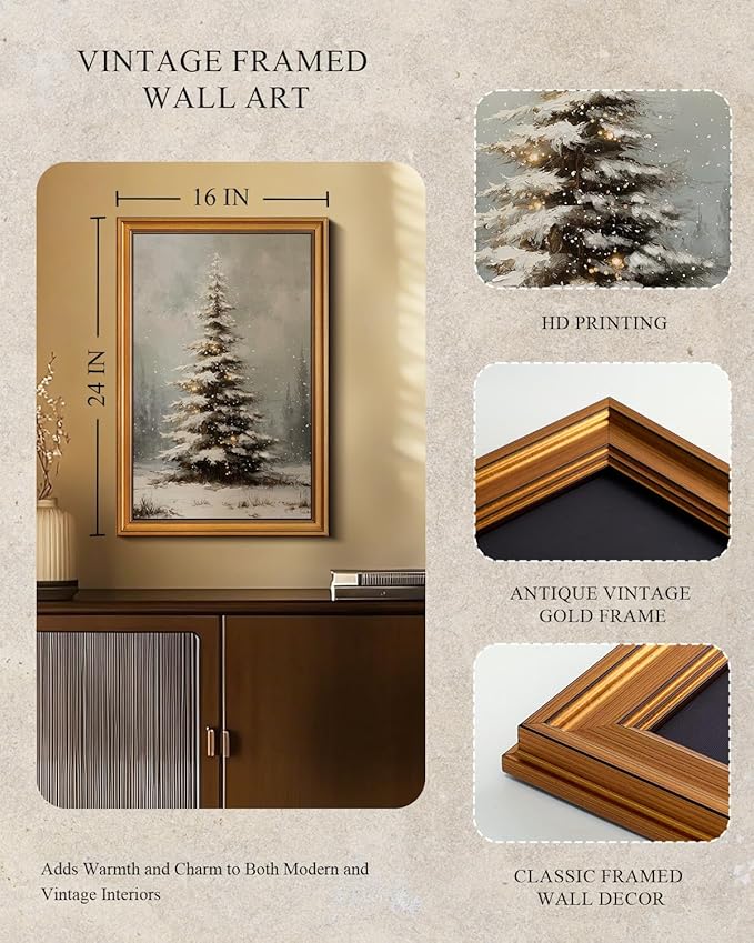 InSimSea Gold Framed Wall Art, Vintage Canvas Prints Decor, Christmas Tree Paintings Large Wall Decor, Farmhouse Pictures for Winter Xmas Bedroom Holiday Decoration Gifts, 16x24inch