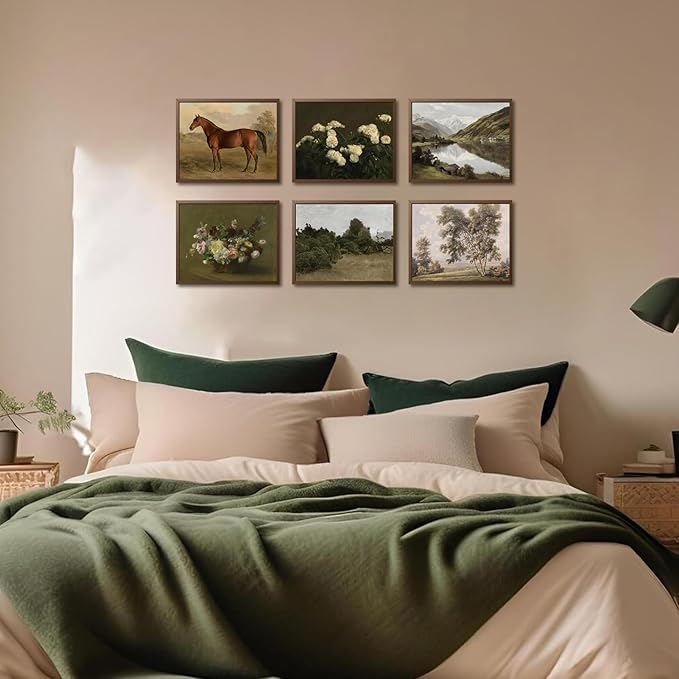 Mynotix Vintage Poster Set of 6, Rustic Eclectic Wall Art, Horse Floral Wall Decor Botanical Mountain Range Canvas Paintings Prints Artwork for Living Room Bedroom Farmhouse 12x16 inch Unframed