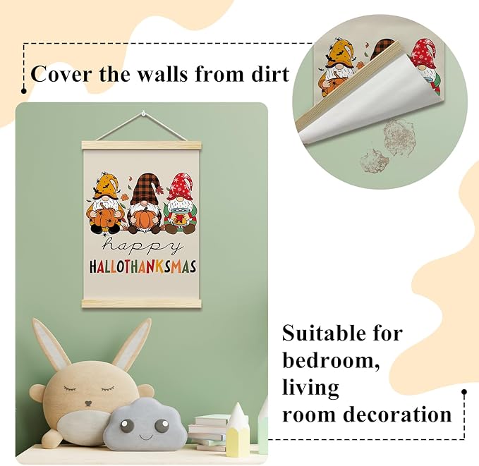 Happy Hallothanksmas Posters Hanger Frame Hanging Poster for Home Office BedRoom Decor Wall Art Decor Gifts for Thanksgiving Halloween Christmas Autumn Canvas Wall Art Print 16x12 Inches - YY068