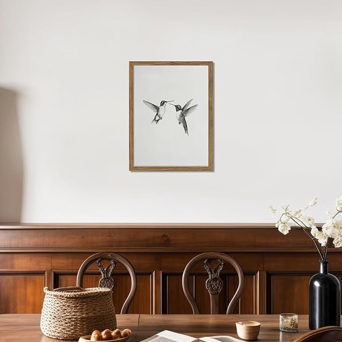 Vintage Wall Art Framed Hummingbird Canvas Print, Modern Farmhouse Birds Wall Decor, Living Room Sketch Painting Picture, Minimalist Black and White Bird Bedroom Decor – 8x10 inch