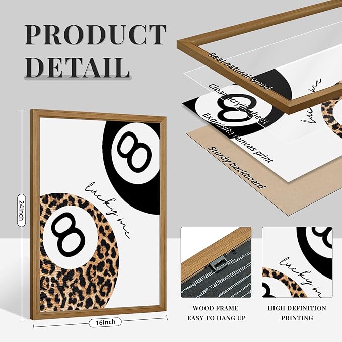 Trendy Leopard Wall Art Cheetah Print Canvas Wall Decor 8 Ball Poster Preppy Room Aesthetic Pictures Funky Coquette Vintage Prints Y2k Fashion Lucky Posters for Bedroom 16x24x3 Inch Framed