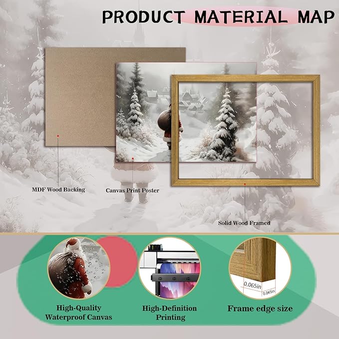 Vintage Christmas Canvas Wall Art, Wood Framed Santa Claus Wall Decor Painting, Rustic Farmhouse Winter Snow Scene Poster Print Picture 16x24 inch, Best Holiday Decor for Living Room Bedroom Home