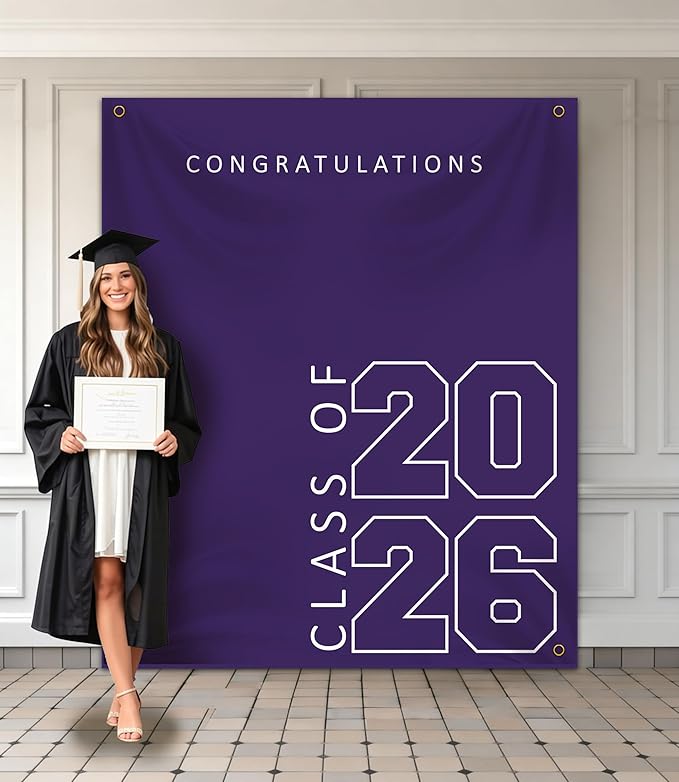 Class of 2026 Graduation Banner 5X6feet - Large CONGRATS GRAD Polyester Banner, Photo Backdrop & Wall Decor for Commencement Party Supplies, Purple and White Graduation Party Decorations for High School & College