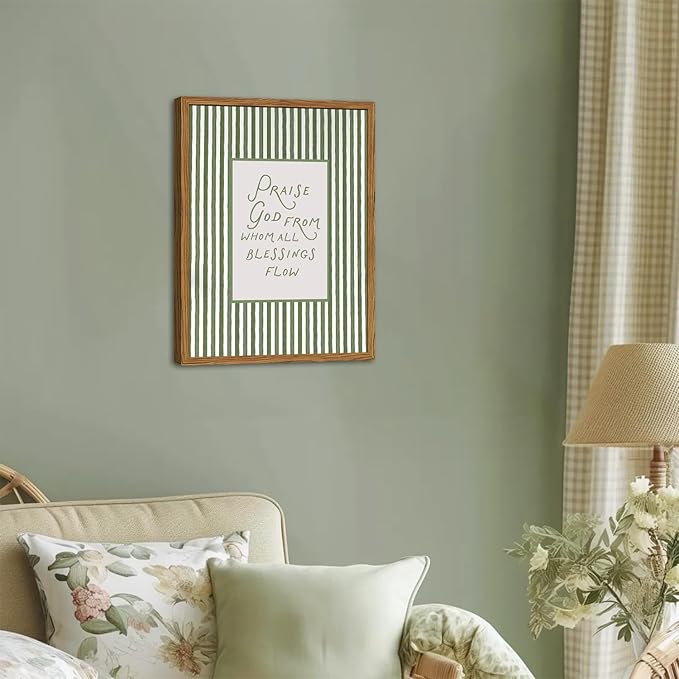 Framed Christian Wall Art, Praise God From Whom All Blessings Flow Scripture Pictures Wall Decor, Sage Green Striped Bible Verse Paintings Canvas Prints Religious Home Decor for Living Room 16x24 inch