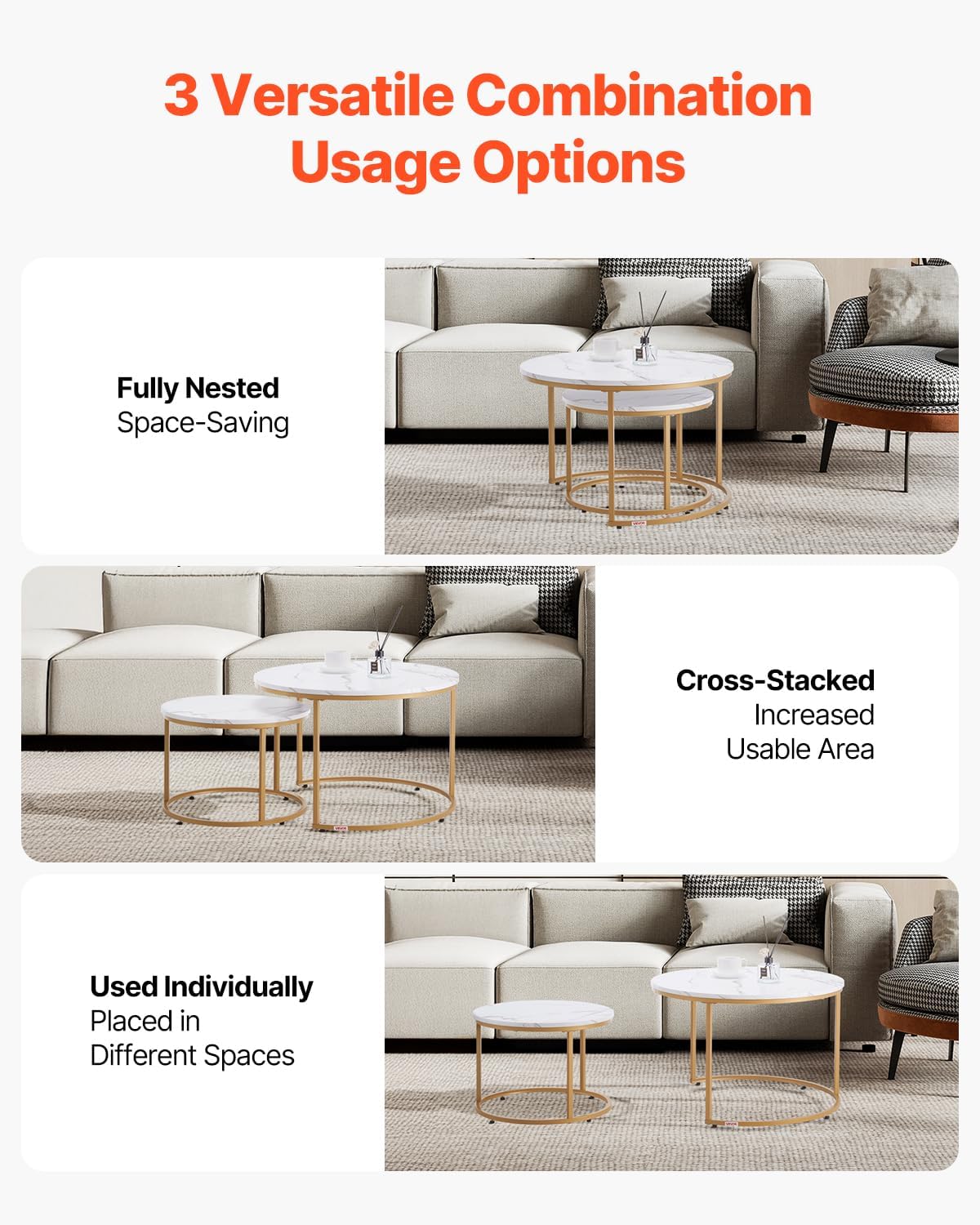 VEVOR Nesting Tables, Coffee Table Set of 2, 27.6 inch Round Coffee Table, Small Coffee Tables Night Stand with Metal Frame, for Living Room, Bedroom, Office (White & Gold)
