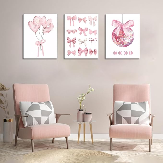 Preppy Pink Bow Canvas Wall Art, Trendy Bows Coquette Room Wall Decor Paintings, Pink Girly Disco Aesthetic Posters Prints Pictures for Girls Dorm Bedroom 16x24 Inch Framed