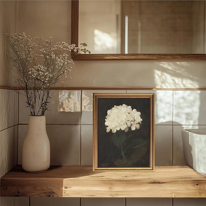 Aroutde Gold Framed White Hydrangea Wall Art, Vintage Flower Printing Canvas Wall Decor, Retro Botanical Moody Flowers Art Decor for Living Room Bedroom Shelf Decoration(16L''x12W'', Framed)