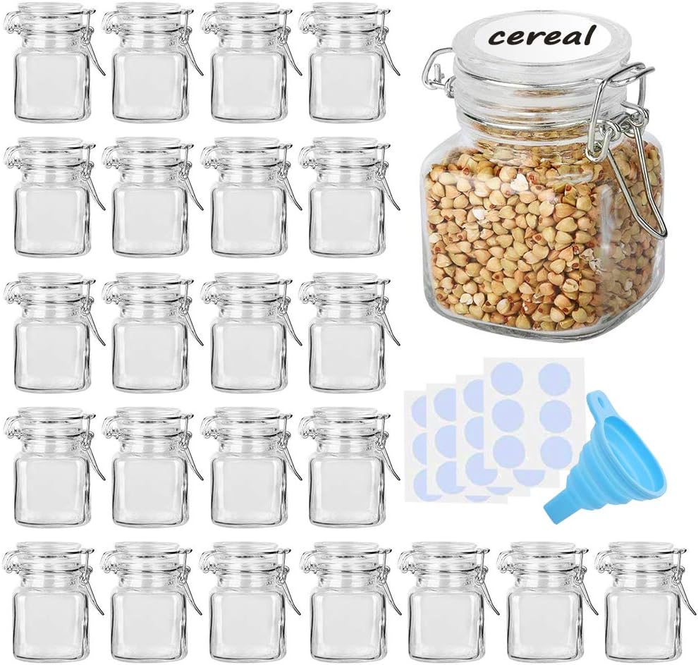 Spice Jars, 24 Pack 4oz Small Glass Jars with Airtight Hinged Lid, With 24 Spice Labels & Silicone Funnels, Airtight Glass Jars for Spices, Condiments Herb Seasoning Art Craft Storage