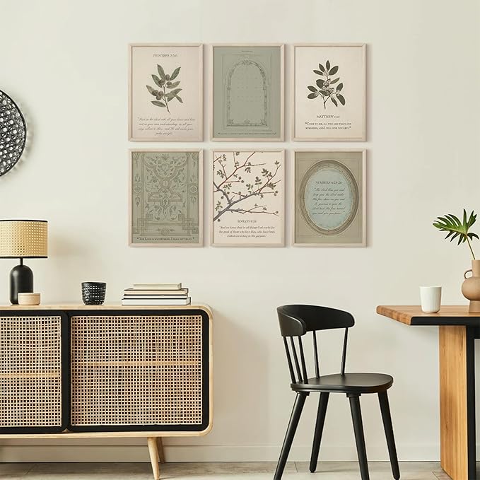 Sage Green Christian Wall Art Posters Vintage Bible Verse Canvas Wall Decor Scripture Botanical Art Prints Religious Picture Christian Painting Artwork for Living Room Bedroom 8x10x6 Inch Wood Framed