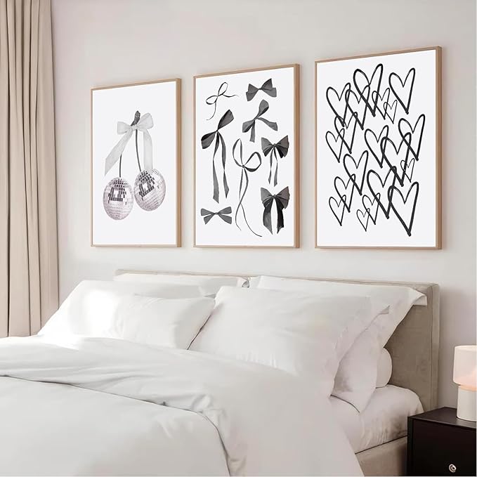3pcs Black and White Trendy Preppy Wall Art Bows Disco Ball Many Heart Girly Coquette Room Wall Pictures Painting Minimalist Canvas Poster Prints for Girls Bedroom College Dorm Decor 12x16in