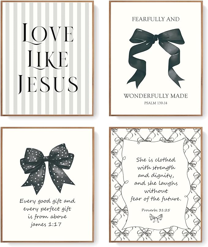 LARTSFRO Coquette Black Bow Jesus Wall Art Decor Posters, Black Bow Room Christian Bedroom Bathroom Wall Art Decor Aesthetic for Teen Girls College Gifts, Inspirational Bible Verses Bow Wall Decor, 10x8 Inch Set of 4 Bow Pictures(UNFRAMED)