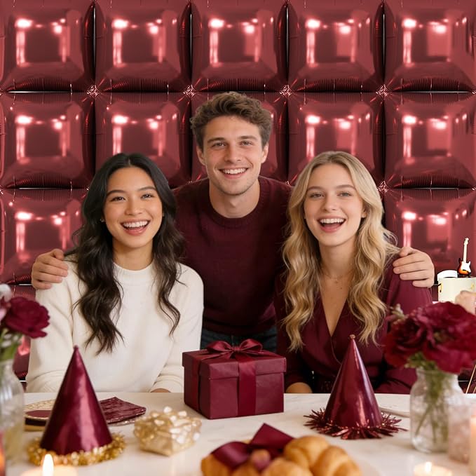 NISOCY 25PCS Maroon Square Foil Balloons Wall Backdrop Double Sided Brown Red Balloon Arch Kit for Birthday Wedding Valentine Engagement Anniversary Candlelight Dinner Party Decoration