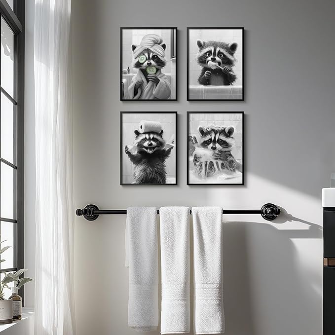 Framed Funny Bathroom Wall Art, 4 Piece Black and White Raccoon Prints, Cute Animal Toilet Canvas Artwork for Restroom Bathroom Home Decor, 11x14 Inch