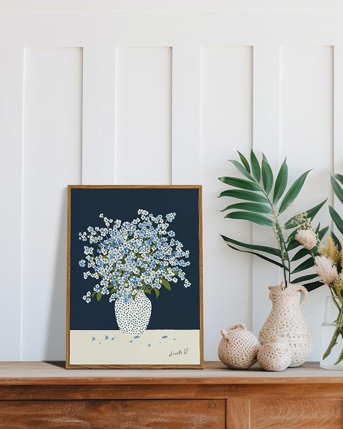 Vintage Framed Floral Wall Art 12x16, Blue White Baby’s Breath Flower in Polka Dot Vase Print, Minimalist Modern Nordic Botanical Canvas Artwork, Entryway Bedroom Kitchen Office Decor