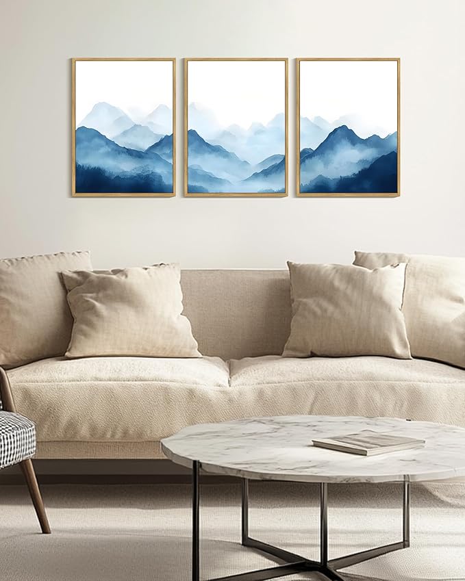 Drsoum Blue Fog Mountains Landscape Wall Art Framed Vintage Nature Misty Nordic Prints Ink Wash Watercolor Boho Farmhouse Rustic Artwork Hallway Bedroom Ready to Hang 12x16in Natural Framed
