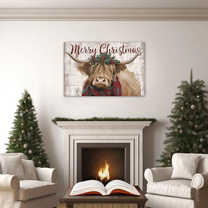 Christmas Cow Pictures Wall Decor Merry Christmas Sign Canvas Wall Art Vintage Longhorn Highland Poster Painting Rustic Farmhouse Animal Prints Artwork for Living Room Bathroom Home Decorations 24x36"