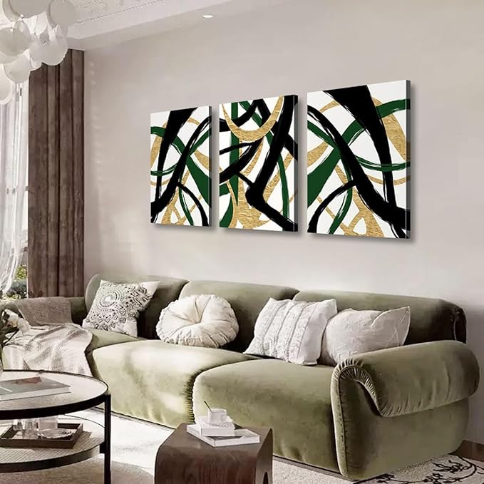 3Pcs Framed work Abstract Lines Canvas Wall Art Modern Black, Green, Gold Geometric Brushwork Prints Posters Abstract Line Images Framed gallery packaging artwork for living room prints, bedroom, office, and home decor 12X16Inch