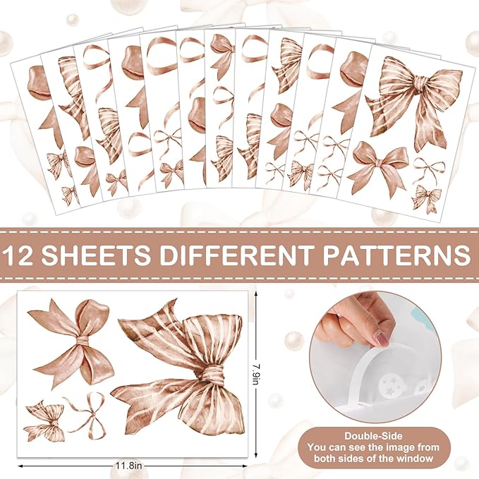 Whaline 12 Sheets Boho Bow Wall Stickers Watercolor Brown Bowknot Wall Decals Room Mural Stickers for Coquette Birthday Party Home Nursery Decor, 7.9 x 11.8 Inch