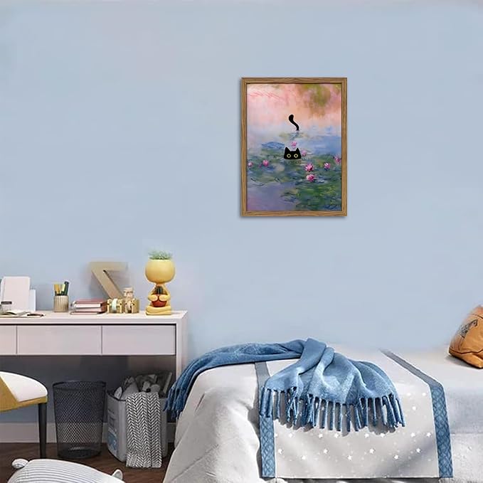 Vintage Framed Cat Canvas Wall Art Monet Print, Funny Black Cat in Water Lilies Poster, Monet Office Wall Decor, Floral Oil Painting Picture Artwork for Living Room Bathroom Aesthetic – 16x24 inch