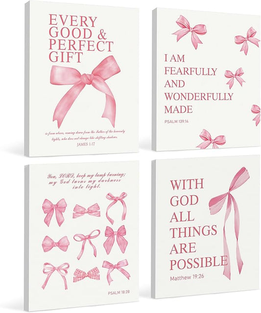 LARTSFRO Coquette Pink Bow Canvas Wall Art Decor Prints Posters, Pink Bow Room Bedroom Bathroom Dorm Wall Art Decor Aesthetic for College Teen Girls Gifts, Inspirational Bible Verses Bow Wall Decor, 11x14 Inch Set of 4 Pcs Bow Pictures (Canvas Framed 1...