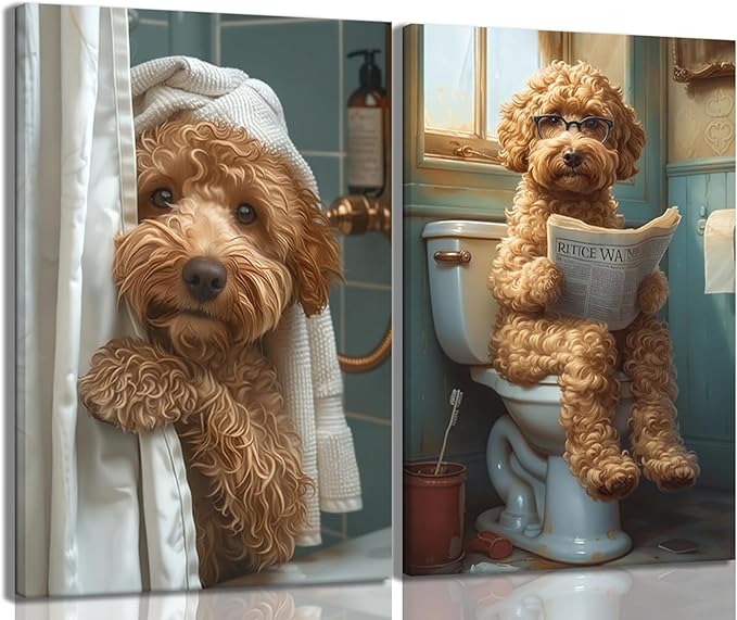 Yaneiro Funny Bathroom Canvas Wall Art-Set of 2 Poodle On Toilet Reading Newspaper Wall Decor Goldendoodle In Shower Humor Animal Poster Picture for Dog Lovers Restroom Ideas Decor 16x24 Inch Framed