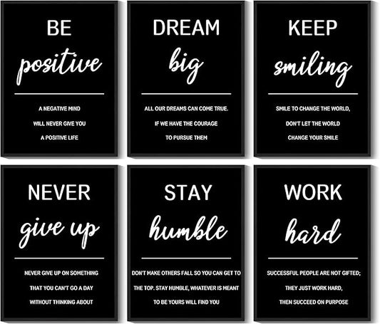 KUVIOKE Inspirational Framed Wall Art Motivational Quotes Wall Decor Encouraging Office Posters Sayings for Classroom Bedroom Living Room Ready to Hang Set of 6, 11x14in (Black Framed)