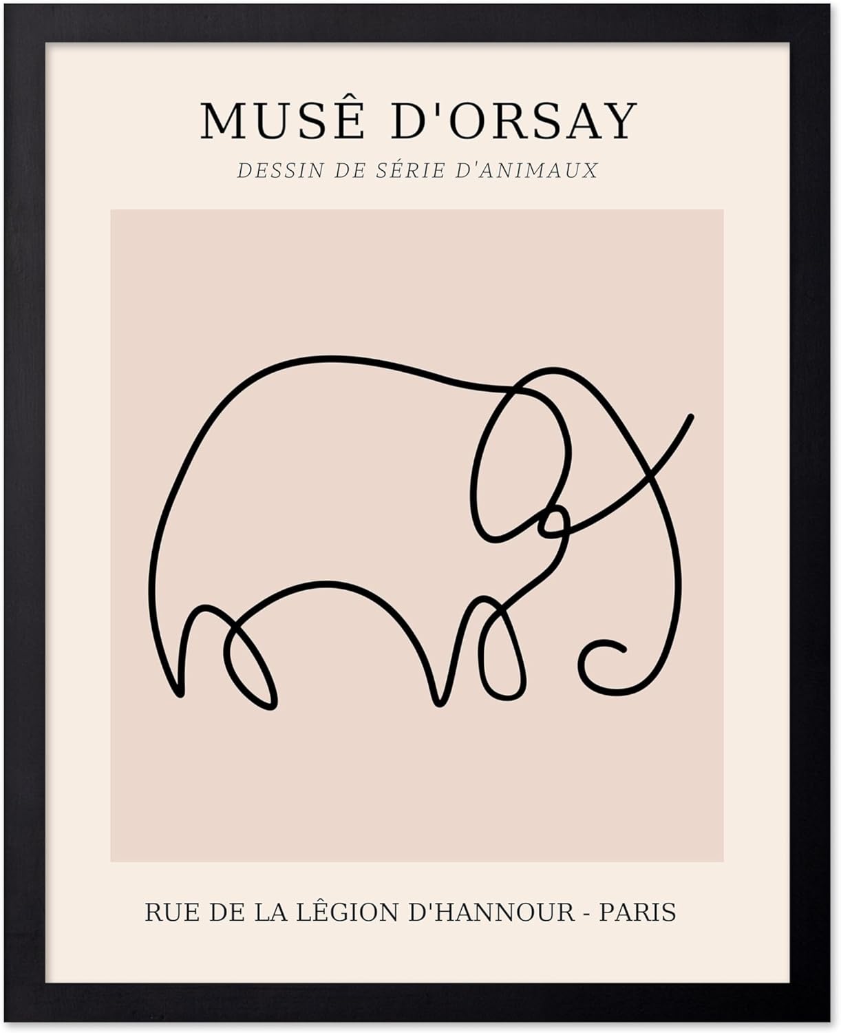 Poster Master Vintage Poster - Retro One Line Elephant Drawing Print - Elephant Art - Minimal Gift for Men, Women, Animal Lover - Abstract Wall Decor for Home, Office, 16x20 Black Framed