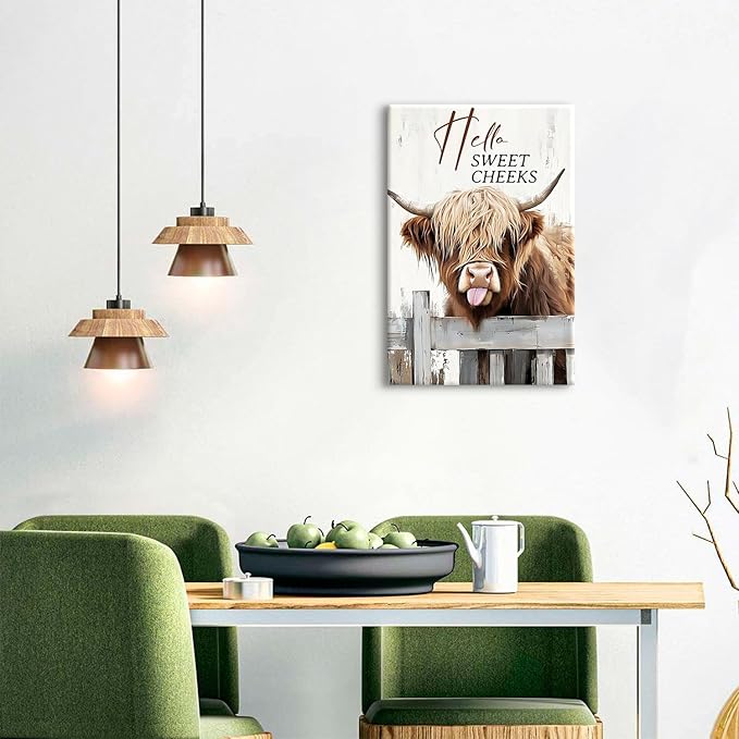 Highland Cow Canvas Wall Art Hello Sweet Cheeks Bathroom Decor Funny Cute Cow Picture Prints Poster Farmhouse Longhorn Wall Decor Rustic Wild Animals Paintings Country Home Decorations 16x24"
