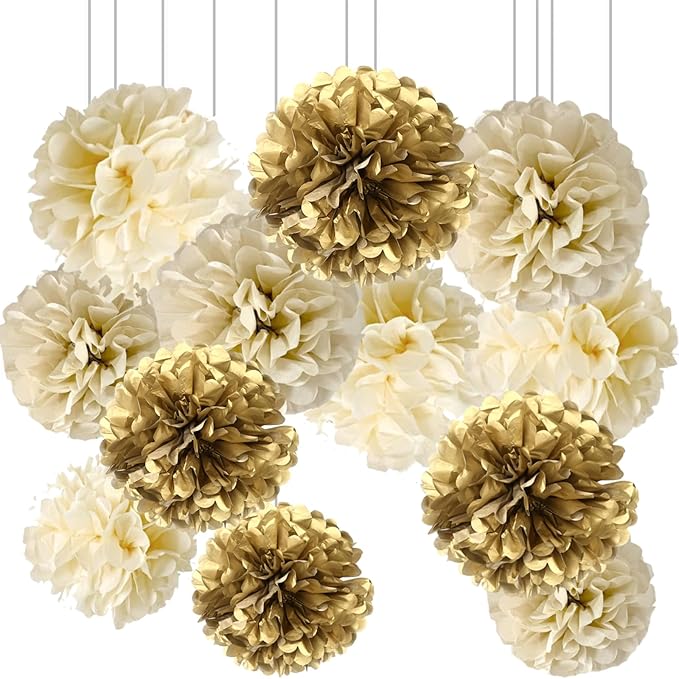Gold Champagne Gold and Ivory Paper Pom Poms for Wedding Birthday Gold Party Decoration - Ceiling Wall Hanging Tissue Flowers - 12pcs 3 Colors of 12 Inch 10 Inch 8 Inch