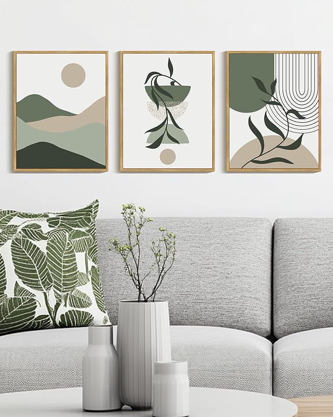 Drsoum Green Botanical Boho Wall Art Framed Modern Sage Bohemian Plant Wall Decor Abstract Geometry Lines Artwork Hallway Bedroom Prints Ready to Hang 11x14in Natural Framed