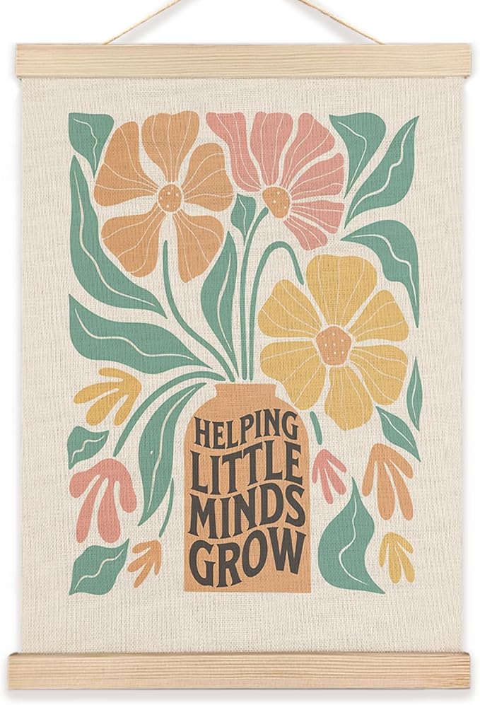 LZYRF Teacher Helping Little Minds Grow Wall Art Poster Framed, Boho Classroom Decor, Boho Abstract Floral Teacher Motivational Canvas Prints Wall Decor for Classroom School Office, 12x16 Inch