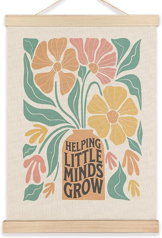 LZYRF Teacher Helping Little Minds Grow Wall Art Poster Framed, Boho Classroom Decor, Boho Abstract Floral Teacher Motivational Canvas Prints Wall Decor for Classroom School Office, 12x16 Inch