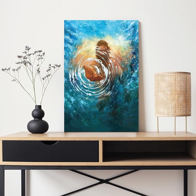 2 Pcs Framed Jesus Wall Art, The Hand of God Jesus Reaching Into Water Poster Prints, Christian Christmas Gifts, Bible Blue Ocean Wrapped Canvas Painting for Church Prayer Room Hospitals 12"x16"