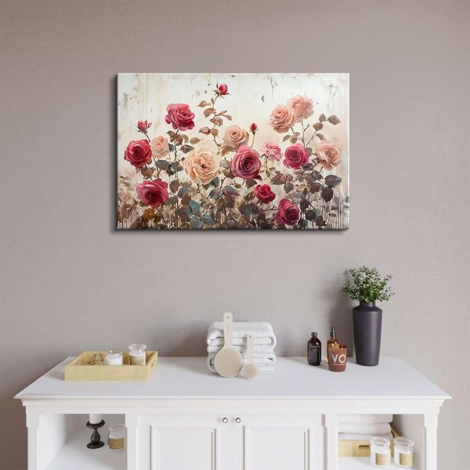 Rustic Floral Wall Art Pink Rose Wall Decor for Girls Bedroom Red Pink Roses Canvas Prints Pictures Retro Flower Painting Poster Farmhouse Artwork for Living Room Dining Room Home Decoration 16x24"