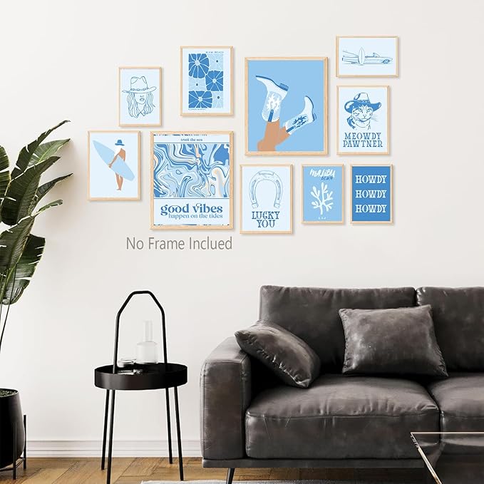 Aroutde 10Pcs Coastal Cowgirl Canvas Wall Art Print Light Blue Beachy Surfer Girl Posters Preppy Aesthetic Granddaughter Room Decor for Teen Girl Bedroom Dorm Apartment Decoration (Unframed)