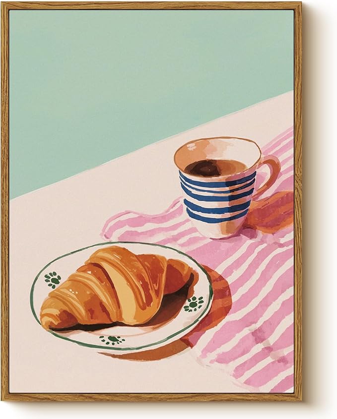 Framed Wall Art 12x16 Inch Coffee Cup and Croissant Canvas Print, Pastel Watercolor Breakfast Illustration Painting, Minimalist Modern Food Artwork Kitchen Dining Room Cafe Aesthetic Decor Gift