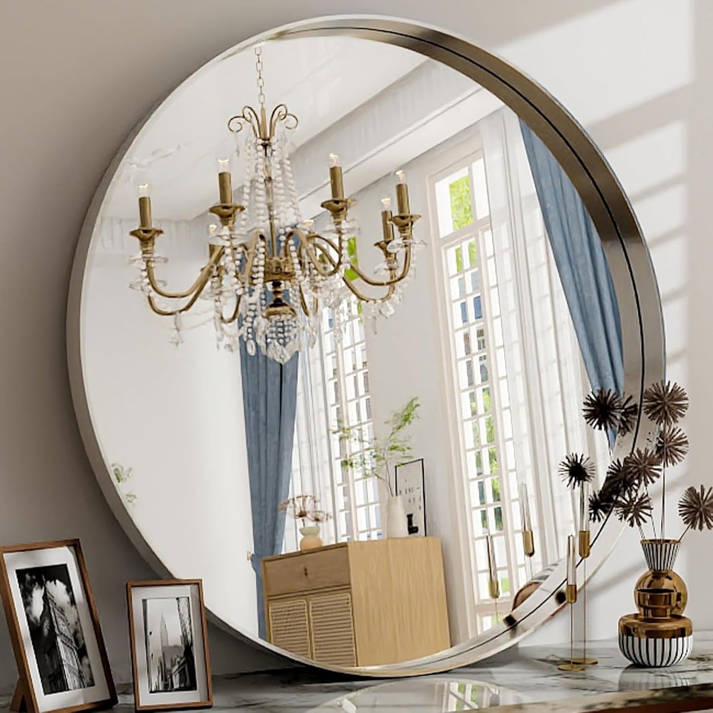 24 Inch Round Bathroom Mirror - Wall Mounted Circle Mirror with Metal Frame, Modern Mirror Suitable for Bathroom, Vanity, Entryway, Living Room, Wall Decor,Silver