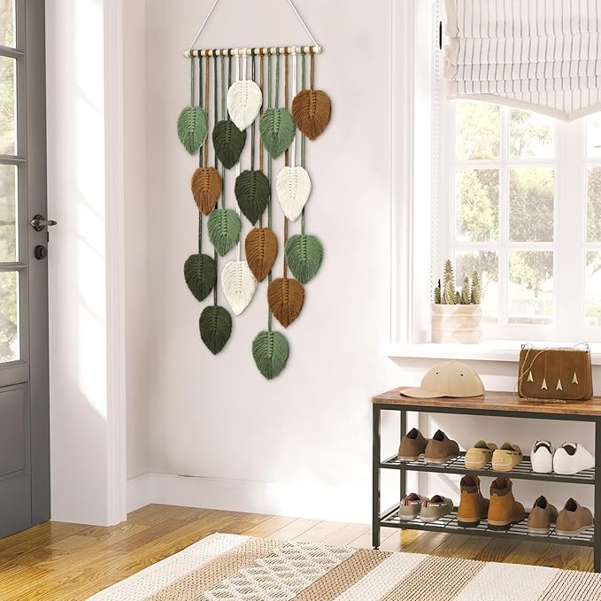 KHOYIME Vertical Macrame Wall Hanging Boho Home Decor, Long Narrow Chic Wall Art Bohemian Woven Leaves Tapestry Vintage Decorations for Front Door Indoor Entrance Living Room Bedroom 16.5"W x 37.5"L