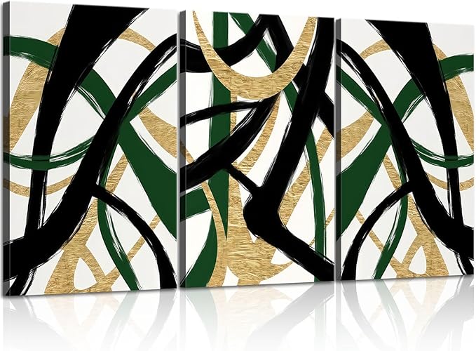 3 Pcs Framed work Abstract Lines Canvas Wall Art Modern Black, Green, Gold Geometric Brushwork Prints Posters Abstract Line Images Framed gallery packaging artwork for living room prints bedroom office and home decor 16X24Inch
