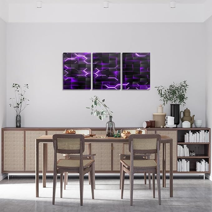 Feelyou Purple and Black Picture Wall Decor 12"x16" 3 Piece Honeycomb Canvas Wall Art Decor Hexagon Theme Office Decorations Artwork Posters Geometrical Beehive Painting