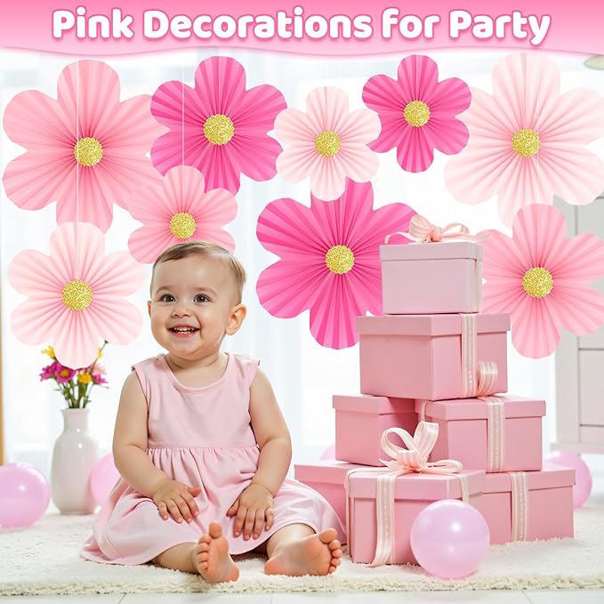 Pink Paper Flowers Decorations for Wall Hot Pink Birthday Decorations 9pcs with 9 Gold Glitter Floral Centers Paper Fans Floral Backdrop Flower Wall Decor for Classroom Wedding Baby Shower,Paper Guide