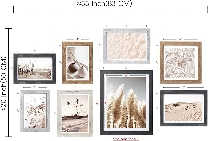 ArtbyHannah Gallery Wall Frame Set, 8 Pack Picture Frames Collage Wall Art Decor with Neutral Pampas Grass for Bedroom, Assorted Size Including 8"x10", 5"x7", 4"x6", 6"x6"(Multi-color Frame,Small)