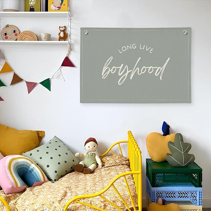 Long Live Boyhood Banner - Boys & Toddler Boy Room Decor - Linen Canvas Wall Hanging Flag