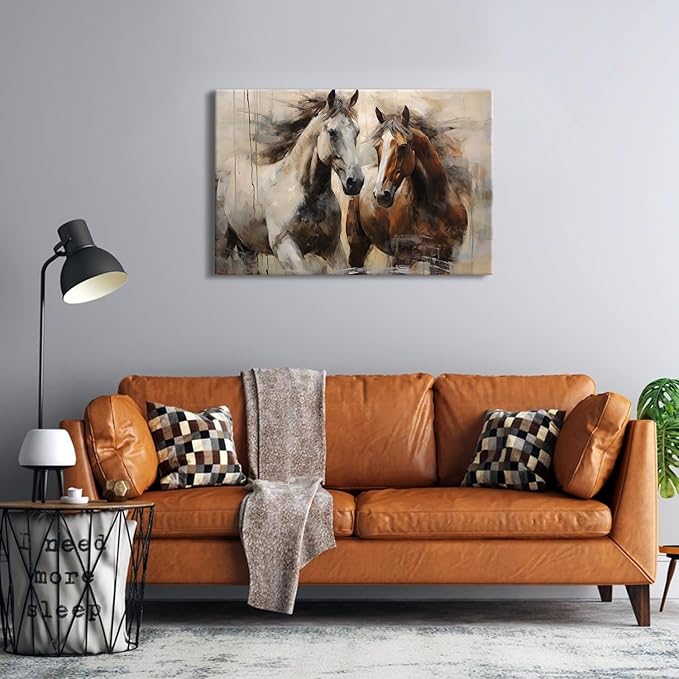 Vintage Horse Pictures Wall Decor Western Farmhouse Canvas Prints Running Horse Art Wall Decor Retro White Brown Horses Paintings Artwork for Living Room Bedroom Office Home Decorations 24x36"